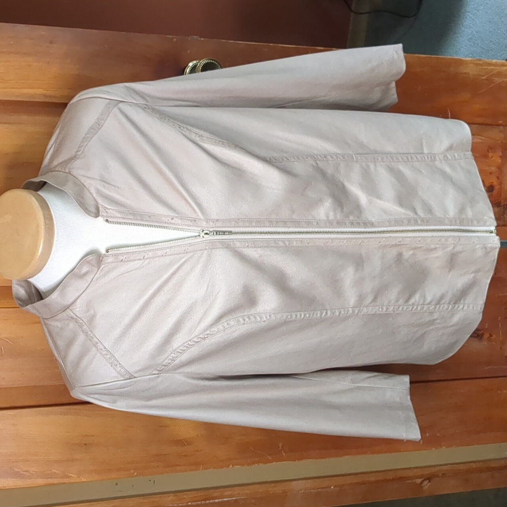 Tan Jay faux leather, gold accent zipper front jacket plus size. Lined